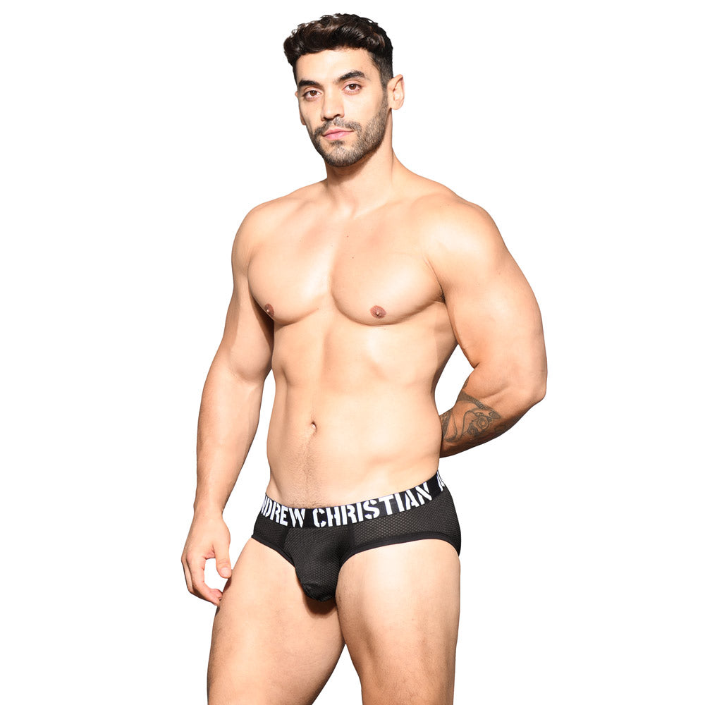 ANDREW CHRISTIAN™ Almost Naked - Rebel Mesh Brief - black mesh briefs feature Andrew Christian's signature waistband & comfy Almost Naked anatomically correct pouch. 4