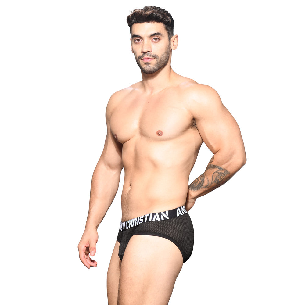 ANDREW CHRISTIAN™ Almost Naked - Rebel Mesh Brief - black mesh briefs feature Andrew Christian's signature waistband & comfy Almost Naked anatomically correct pouch. 5