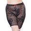 Allure Kitten - Harlowe Biker Shorts - Curvy - plus size crochet-like mesh shorts are as comfortable as they are sexy with an elastic waist & leg cuffs, floral open weave & cute red bow at the waist. O/S Plus size, close up
