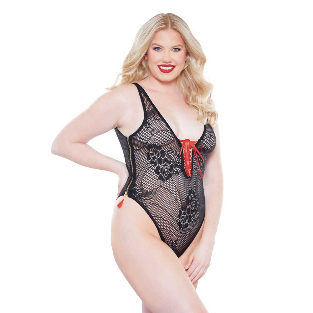 Allure Kitten - Daizy Teddy - Curvy - plus-size crotchless one-piece shows off your bust with a plunging V-neck & corset lacing, with easy dual-zip closure at the sides.
