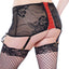Allure Kitten - Kiki Mini Garter Skirt - Curvy - barely-there gartered skirt lets your skin peek through its black floral  mesh & red corset laced rear while the zip-up front begs to be undone. close up back