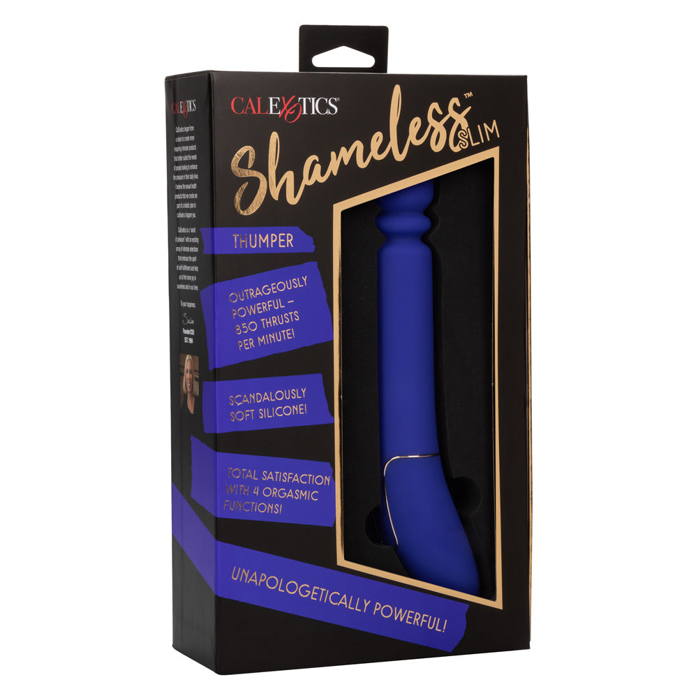 Shameless™ Slim Thumper - thrusting massager has 4 mega-powerful functions, reaching speeds of 850 thrusts per minute for your satisfaction. Blue, package image
