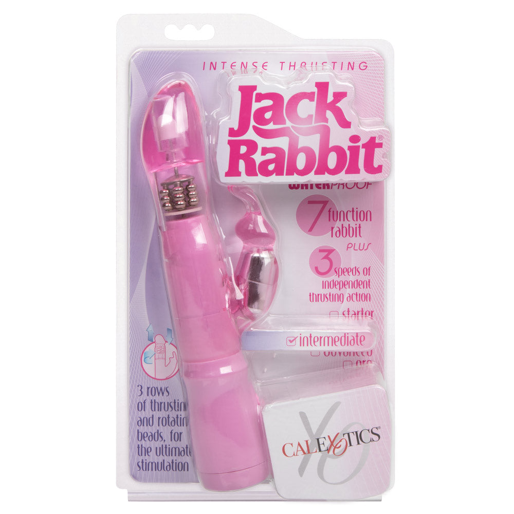 Intense Thrusting Jack Rabbit - features 7 heavenly clitoral vibration modes & has a curved bulbous G-spot head with 2 synchronous speeds of thrusting & rotating beads. Pink, package image