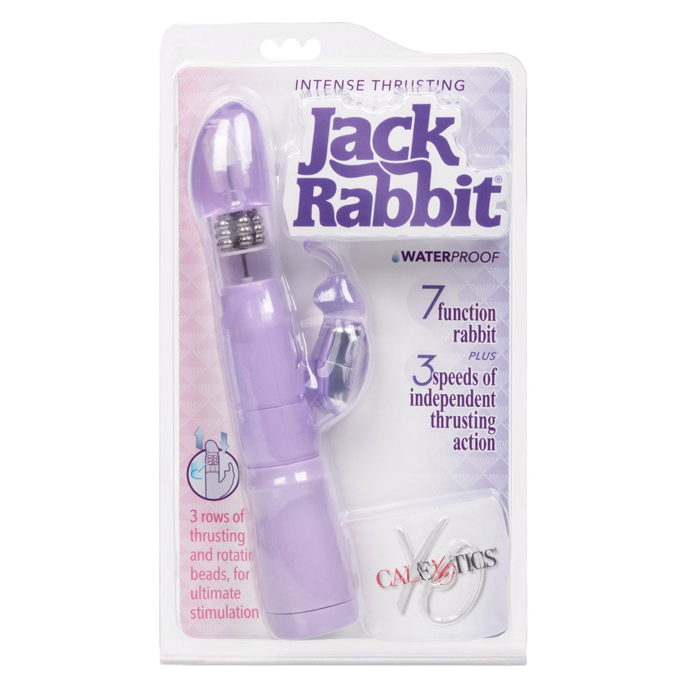 Intense Thrusting Jack Rabbit - features 7 heavenly clitoral vibration modes & has a curved bulbous G-spot head with 2 synchronous speeds of thrusting & rotating beads. Purple, package image