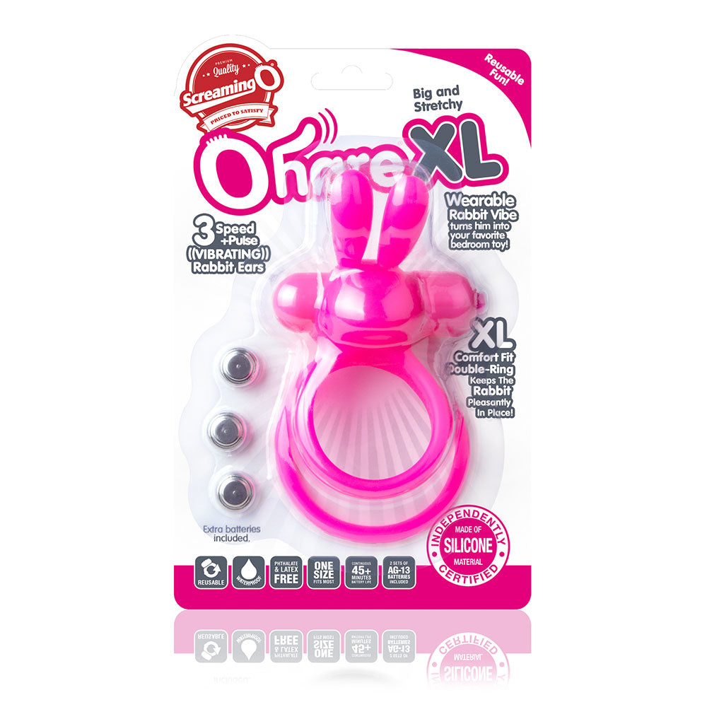 Screaming O - Ohare XL -vibrating cockring with clitoral bunny ears for her & a large double-ring design to fit around bigger men's erections & testicles. Pink,