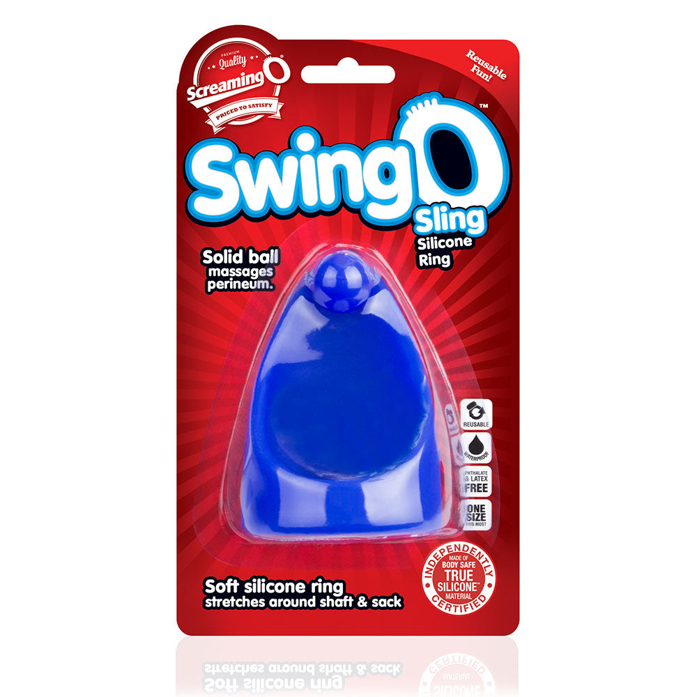 Screaming O® - SwingO™ Sling - contoured sling with a solid ball that massages the perineum for more intense stimulation & orgasms! Made of reusable waterproof silicone. Blue - package image