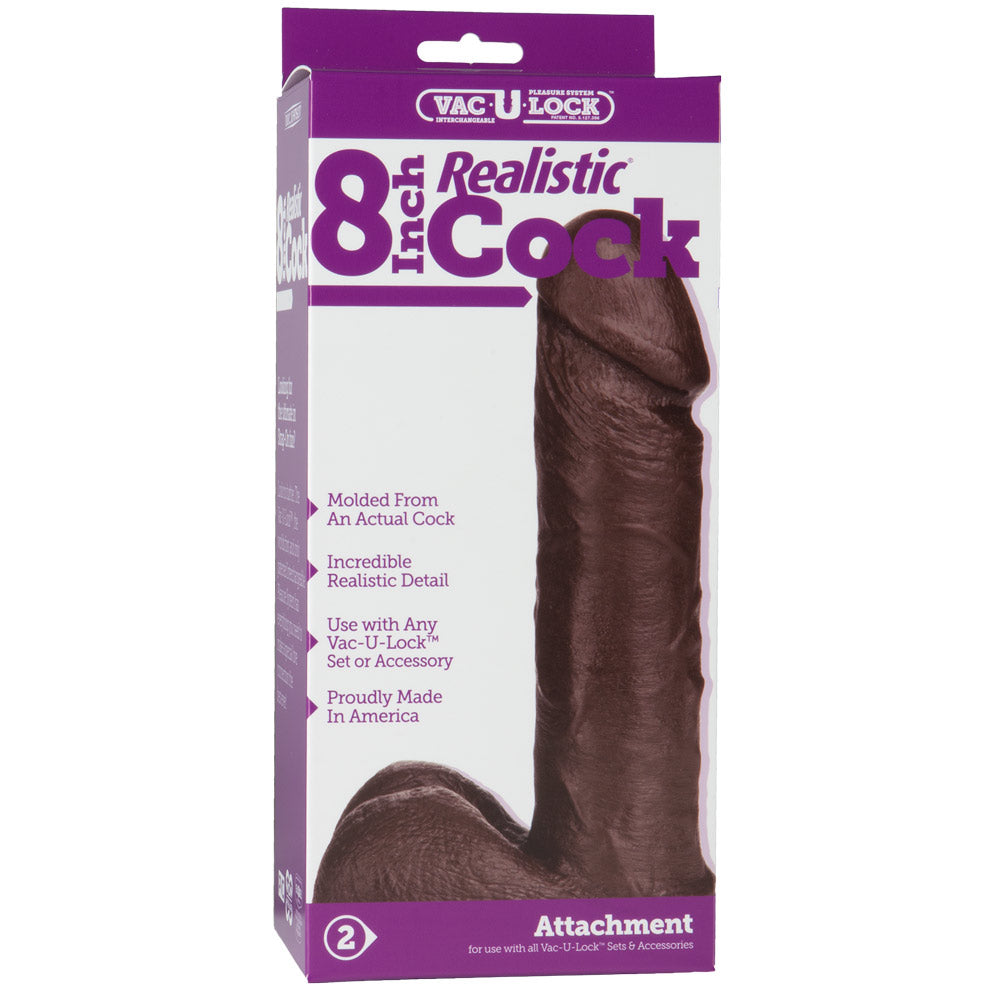 Doc Johnson® Vac-U-Lock™ 8" Realistic® Cock - dildo has a removable Vac-U-Lock compatible suction cup & is moulded from a real penis with realistic phallic head, veiny shaft & testicles. Black, package image