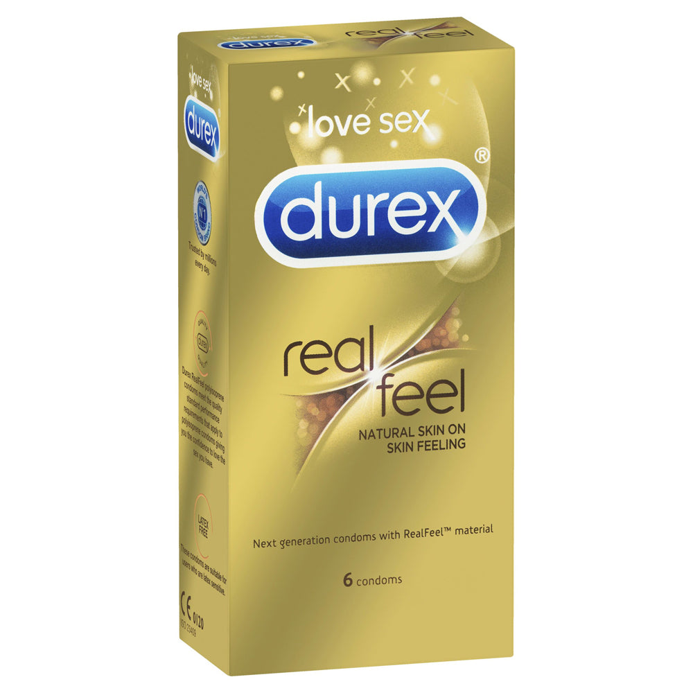 Durex Real Feel Latex-Free Condoms 6 Pack With Natural Skin-On-Skin Feeling Non-Latex Material for Latex Allergies