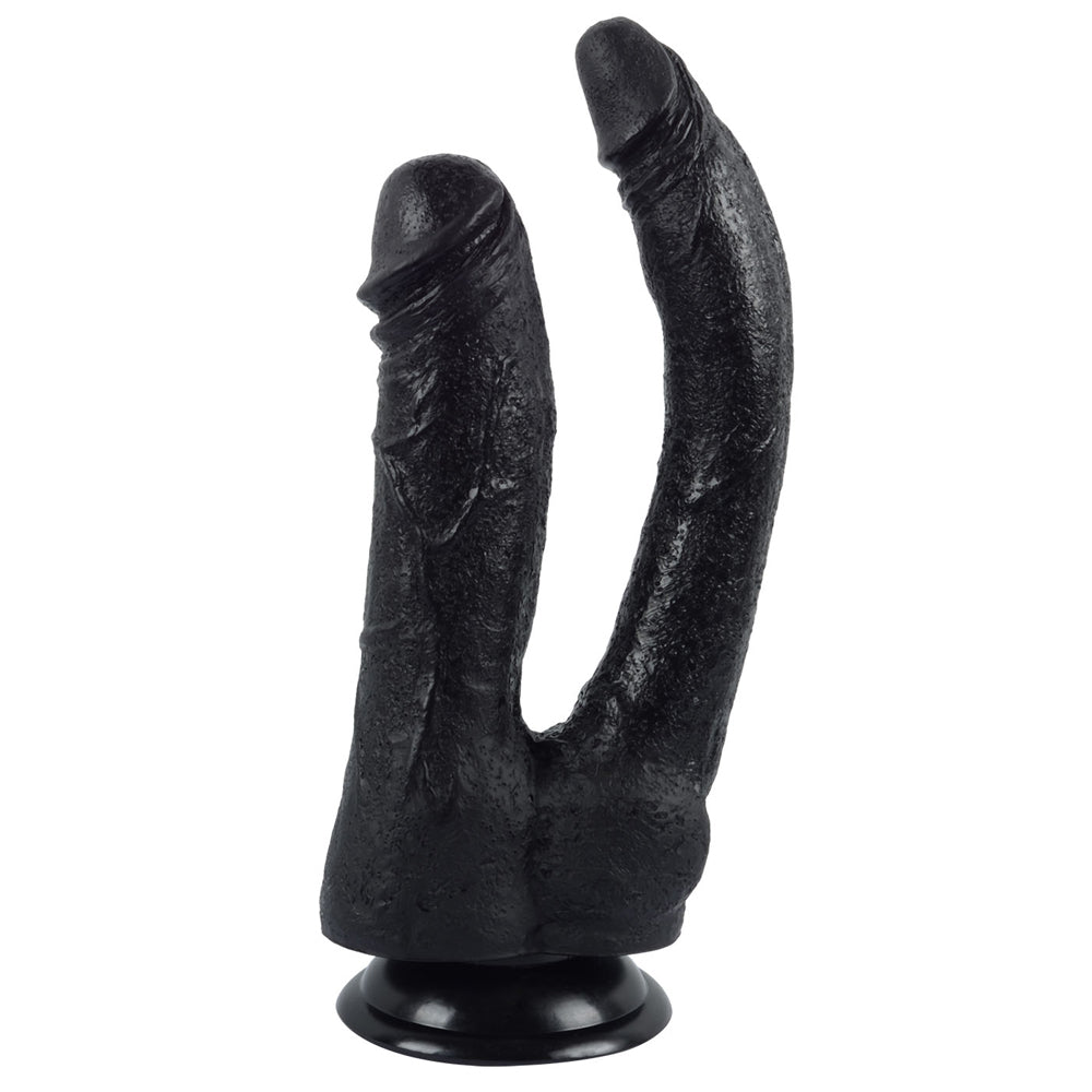 X-Men - 9.1" Ultra Realistic Double Penetrator Dildo - lifelike dual dildo has 2 differently sized dongs in beginner-friendly thicknesses for simultaneous vaginal & anal play + a harness-compatible suction cup. Black