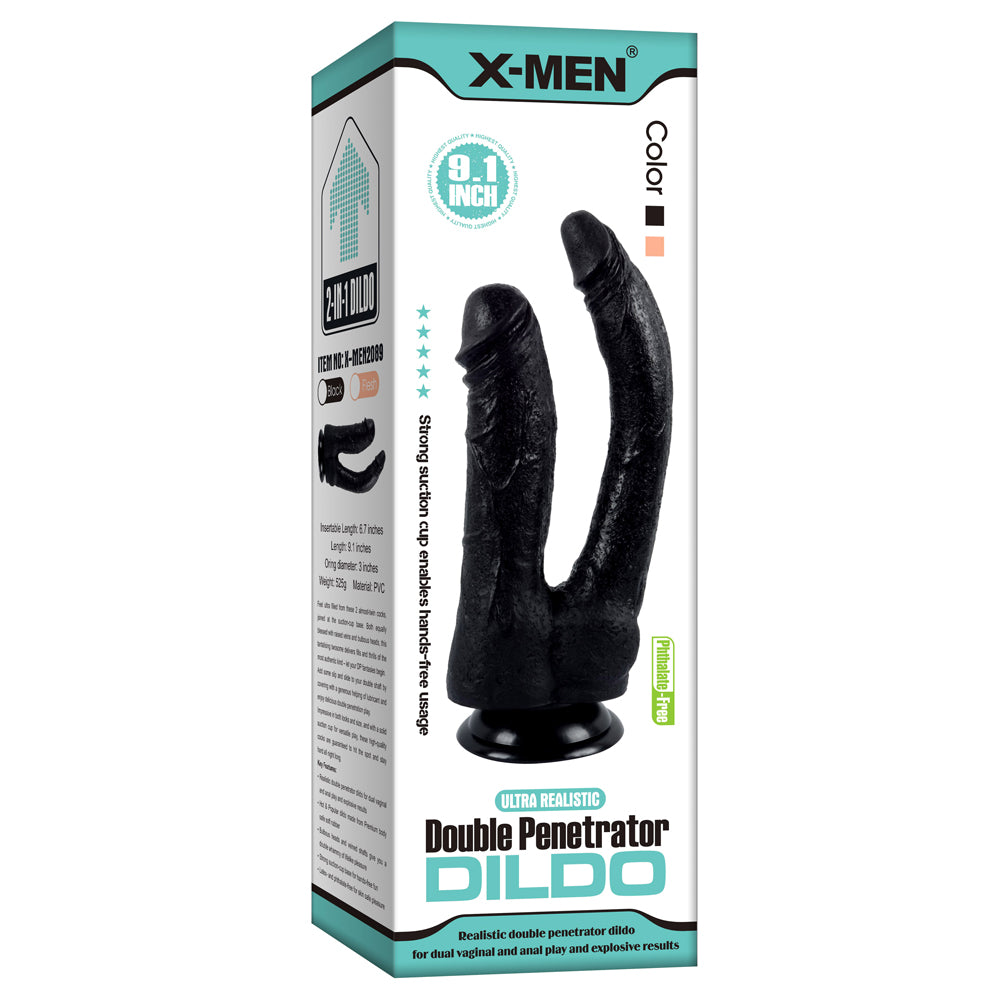 X-Men - 9.1" Ultra Realistic Double Penetrator Dildo - lifelike dual dildo has 2 differently sized dongs in beginner-friendly thicknesses for simultaneous vaginal & anal play + a harness-compatible suction cup. Black, package