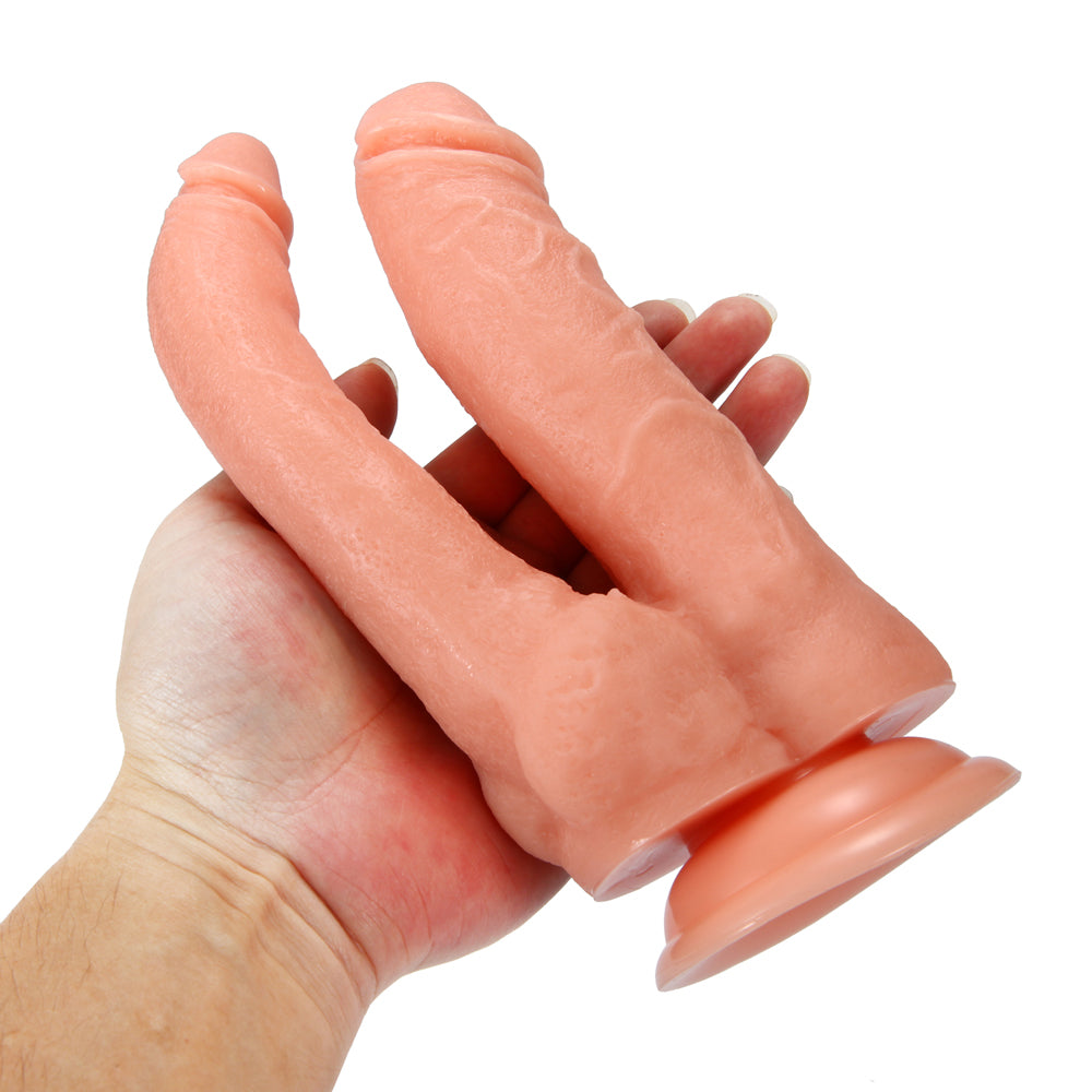 X-Men - 9.1" Ultra Realistic Double Penetrator Dildo - lifelike dual dildo has 2 differently sized dongs in beginner-friendly thicknesses for simultaneous vaginal & anal play + a harness-compatible suction cup. Flesh 3
