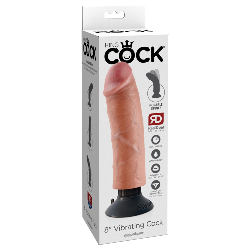 King Cock - 8" Vibrating Cock with posable spine and strong suction cup base, flesh colour. package