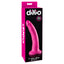 dillio® - 7" Slim Dong - slender dildo has realistic details like a phallic head & slim veiny shaft for more stimulation + a harness-compatible suction cup base for hands-free fun. Pink, package image
