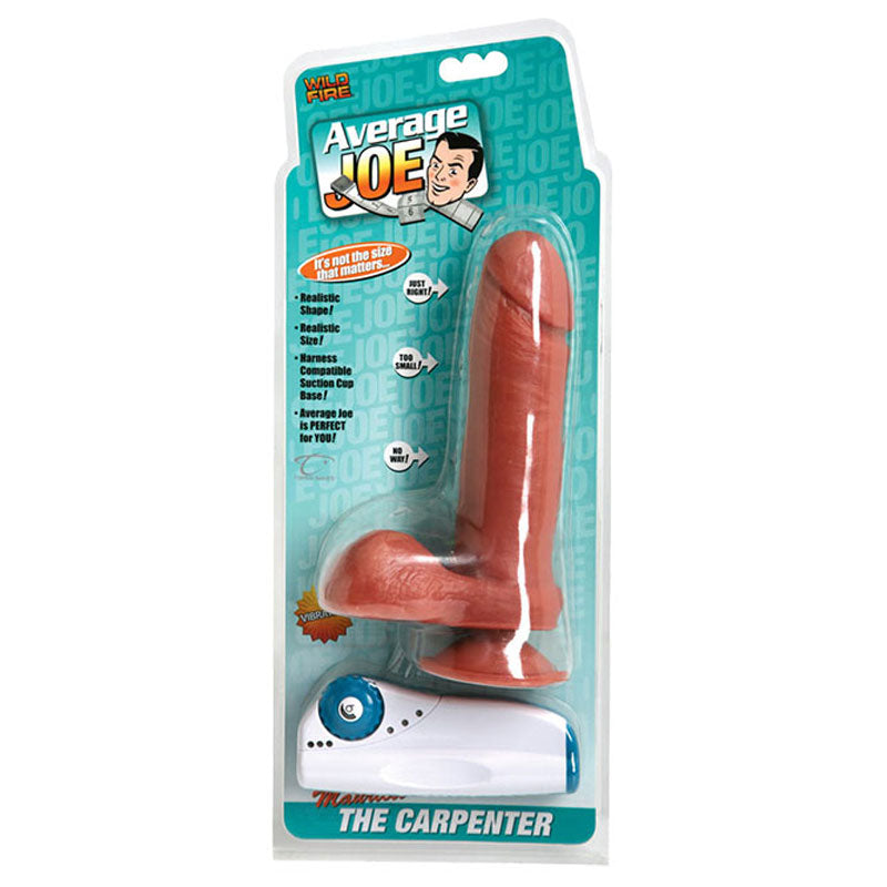 Average Joe Vibrating - Mauricio The Carpenter - realistic TPR dong has multi-speed vibrations & 6 pulse modes, plus a phallic head, bulging veins & harness-compatible suction cup base for hands-free fun. Package image