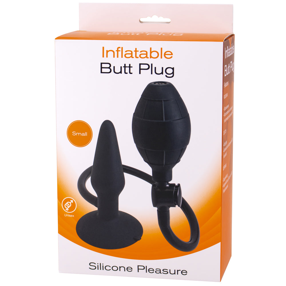 Packaging Box Black Small Inflatable Silicone Anal Butt Plug With Suction Cup Base & Hand Squeeze Pump