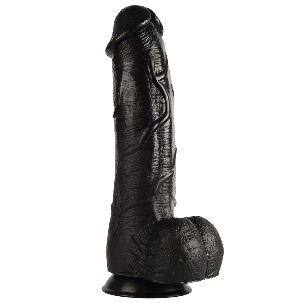 X-Men - 11.7" Nelson's Cock - realistically shaped 11-inch PleasureSkin dildo has a phallic head & a veiny shaft + a harness-compatible suction cup for hands-free fun. Black