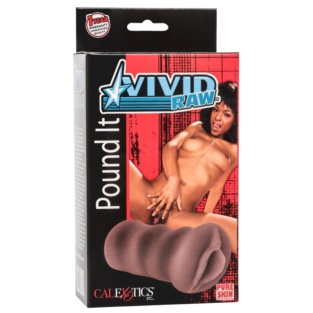 Vivid Raw® - Pound It - tight, stretchy masturbator features a textured interior for awesome stimulation & a lifelike vaginal opening with sculpted lips in a rich ebony skin tone. Brown, package image