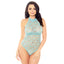 iCollection 35092 Floral Lace & Mesh High Halter Neck Teddy Bodysuit Women's Lingerie in Mint Green