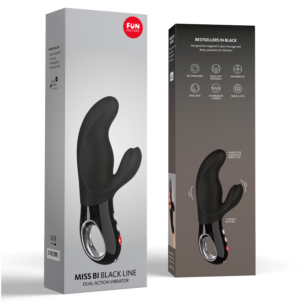 Fun Factory - Miss Bi Black Line Dual Vibrator - technologically advanced rabbit vibrator has dual motors with 6 vibration speeds & 6 patterns for wicked clitoral & G-spot stimulation, waterproof and with travel lock - Black. Package