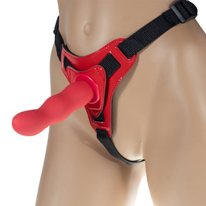 This strap-on harness has 4 adjustable points for a perfect fit & includes 2 differently sized O-rings for play w/ other toys & a bulbous G-spot/P-spot probe. Red.