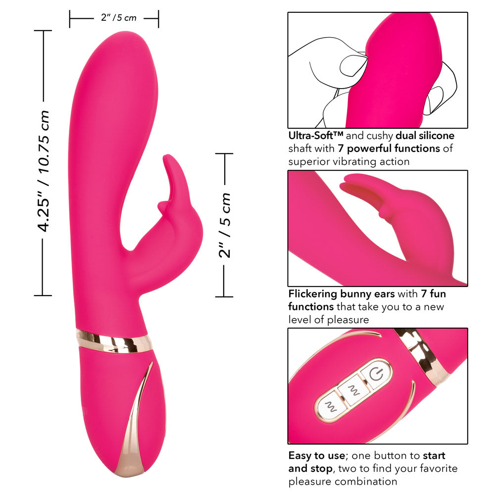 Jack Rabbit® Signature - Silicone Ultra-Soft™ Rabbit - dual-density silicone rabbit vibrator has 7 vibration functions in its independently controlled G-spot shaft & clitoral bunny for ultimate blended pleasure. Pink, product details