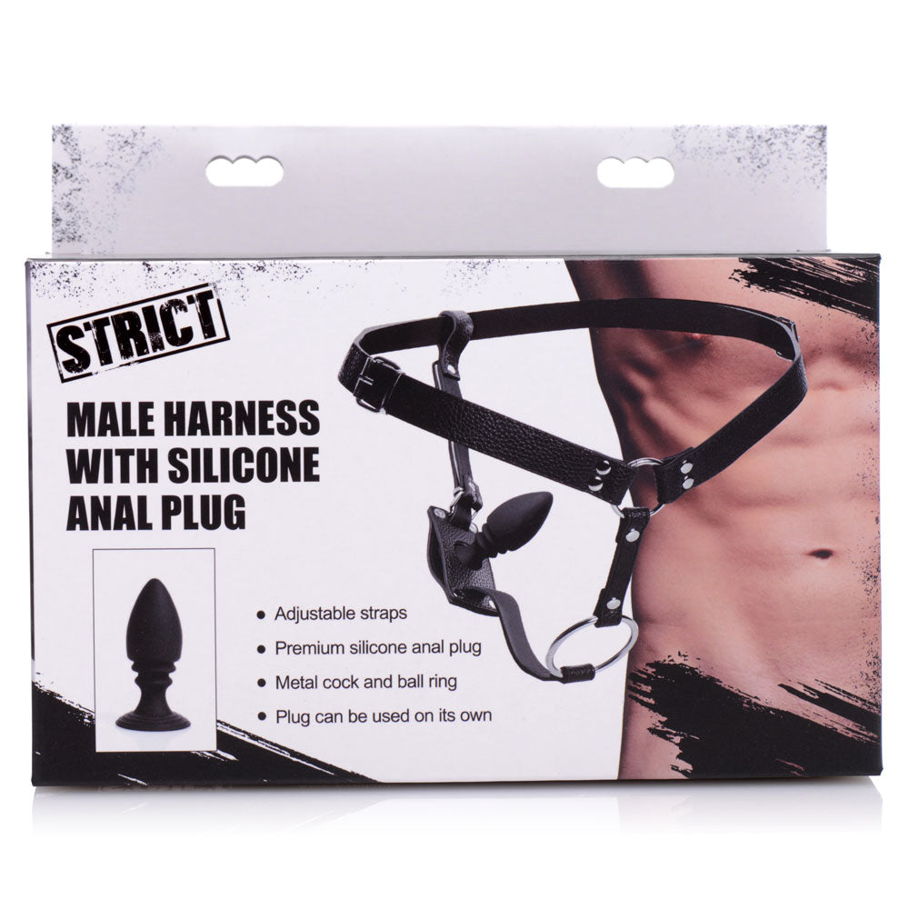 STRICT - Male Harness With Silicone Anal Plug - adjustable leather harness has a metal cock & ball ring, plus a detachable butt plug to meet your needs from all angles. package image