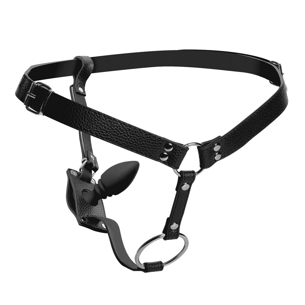 STRICT - Male Harness With Silicone Anal Plug - adjustable leather harness has a metal cock & ball ring, plus a detachable butt plug to meet your needs from all angles.