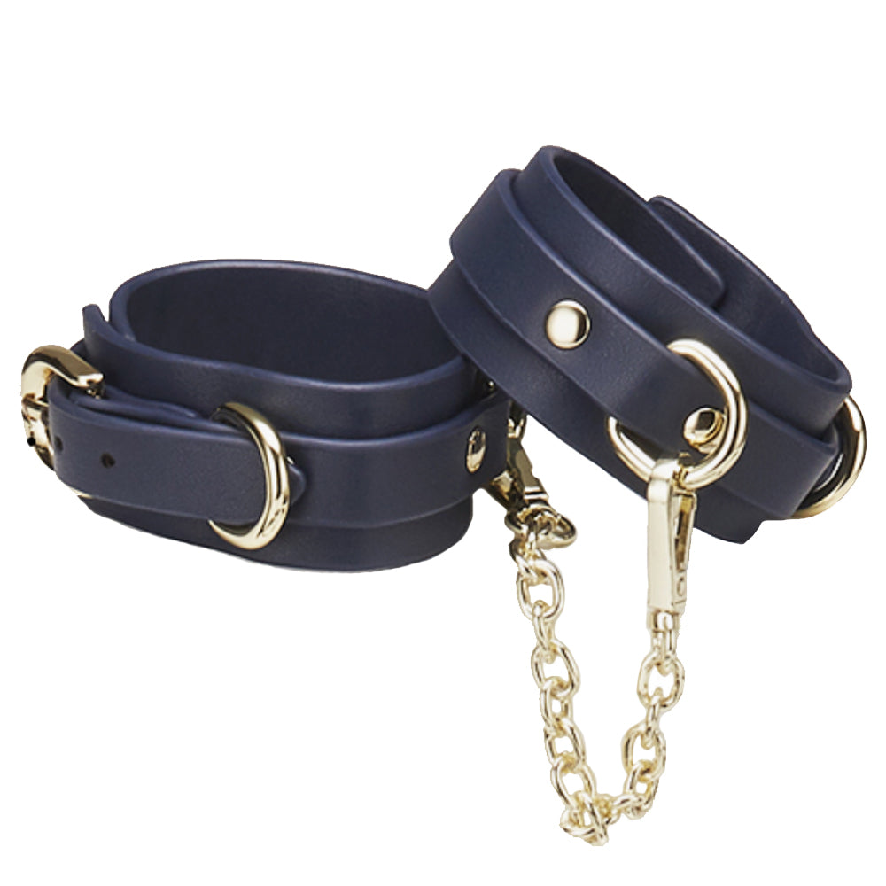 Roomfun Navy Blue Leather Ankle Cuffs With Gold Metal Hardware, D-Rings & Detachable Chain for BDSM Bondage Play