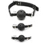 Fetish Fantasy Series - Ball Gag Training System is perfect for BDSM beginners who are new to being gagged, yet versatile enough to satisfy a pro. The 3-gag system allows you to start with a small gag and progress up to the larger ones. image of three ball gags.