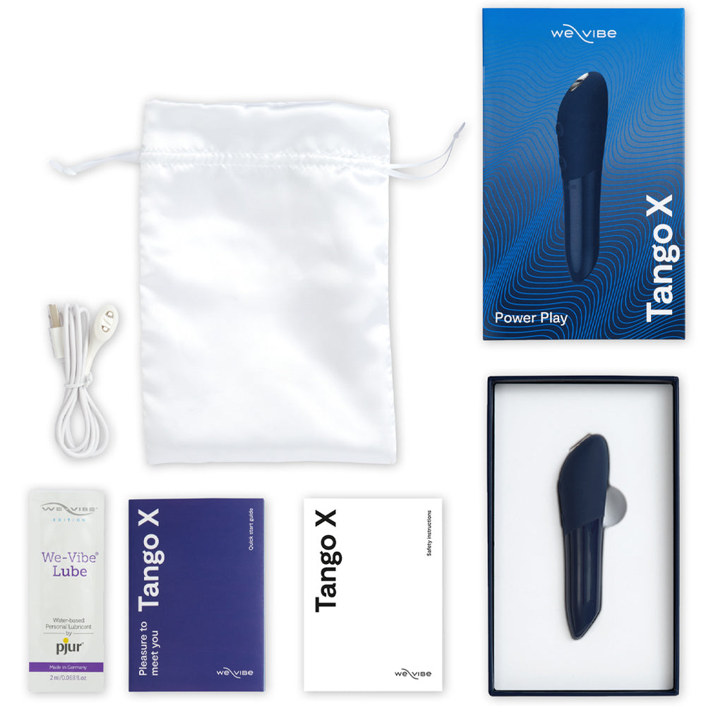 Flatlay of What's Included in the Box Contents of the We-Vibe Tango X Bullet Vibrator Waterproof Sex Toy in Midnight Blue