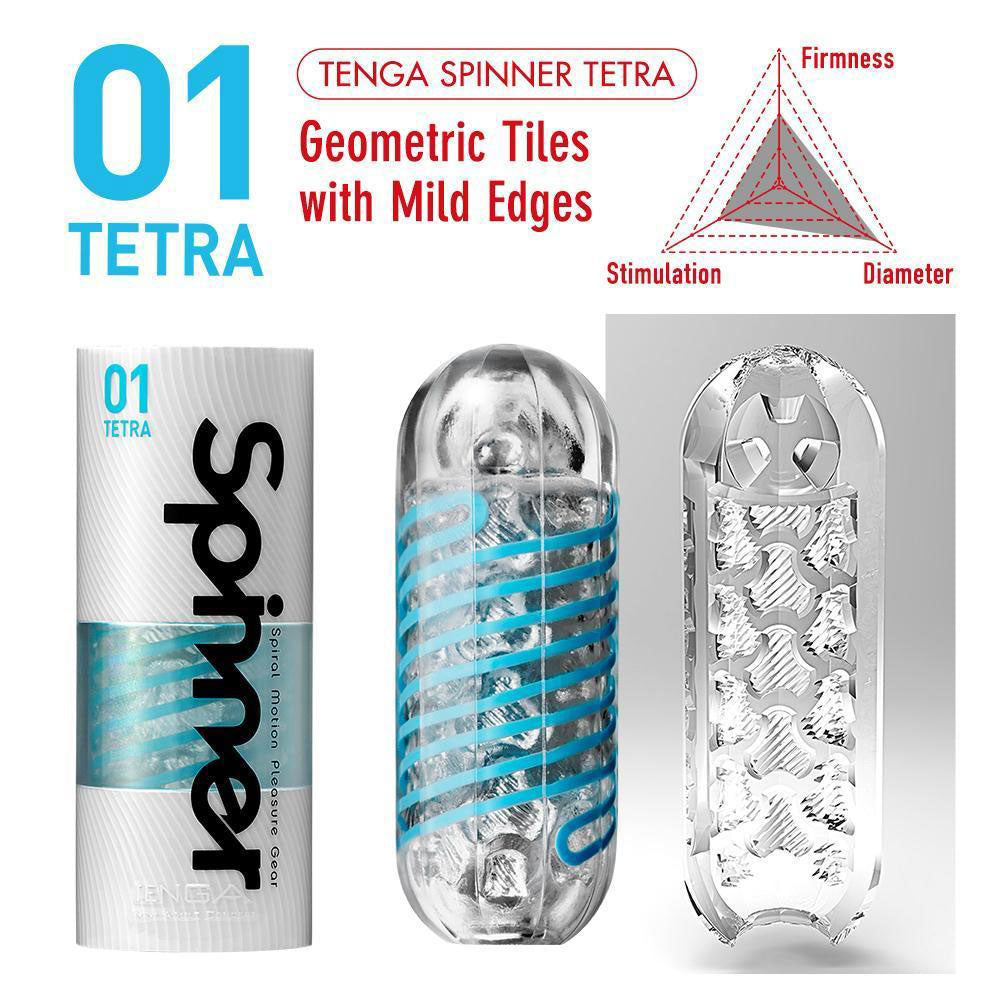 Tenga Spinner Twisting Masturbator - Tetra Texture is textured w/ mild, ridged tiles + an internal coil that twists around you as you stroke, surrounding you with 360° pleasure. 