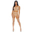 Forplay - Made to See Mesh Lingerie Set -includes a cami-style longline bra, garter belt + G-string. Beige, front
