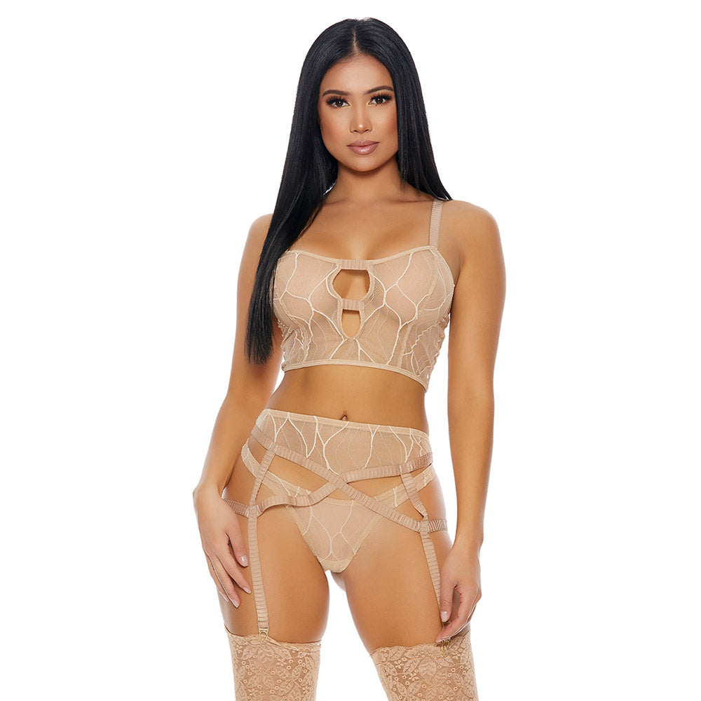 Forplay - Made to See Mesh Lingerie Set -includes a cami-style longline bra, garter belt + G-string. Beige