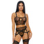 Forplay - Made to See Mesh Lingerie Set -includes a cami-style longline bra, garter belt + G-string. Black