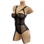 Women's Love In Leather Muse Black Sheer Mesh Suspender Teddy Bodysuit With Cage Straps Small Medium Large & Extra Large