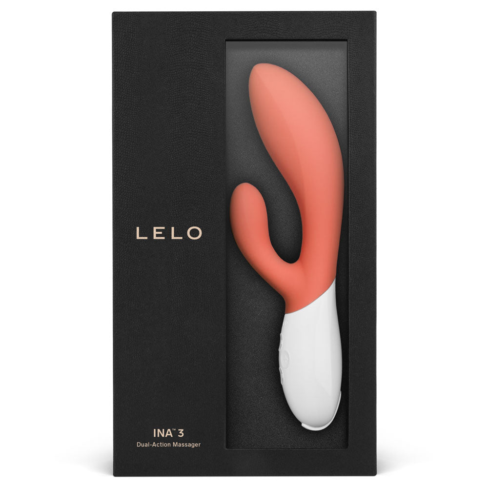 Lelo Ina 3 - Dual-Action Massager -dual motors w/ 10 vibration modes & 30% more power for her G-spot & clitoral pleasure. Coral, package image