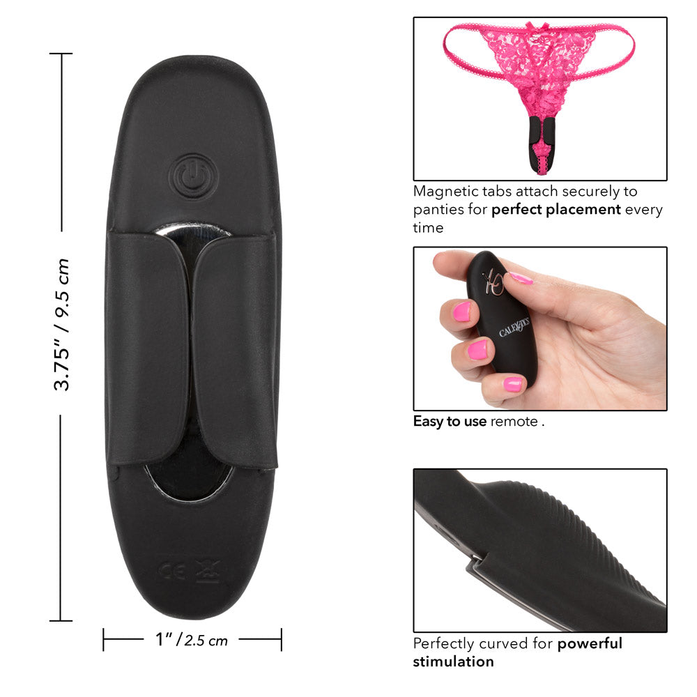 Lock-N-Play™ Remote Petite Panty Teaser, discreet panty vibrator has magnetic wings to stay in place, 12 vibration modes and remote control. size and prodcut details