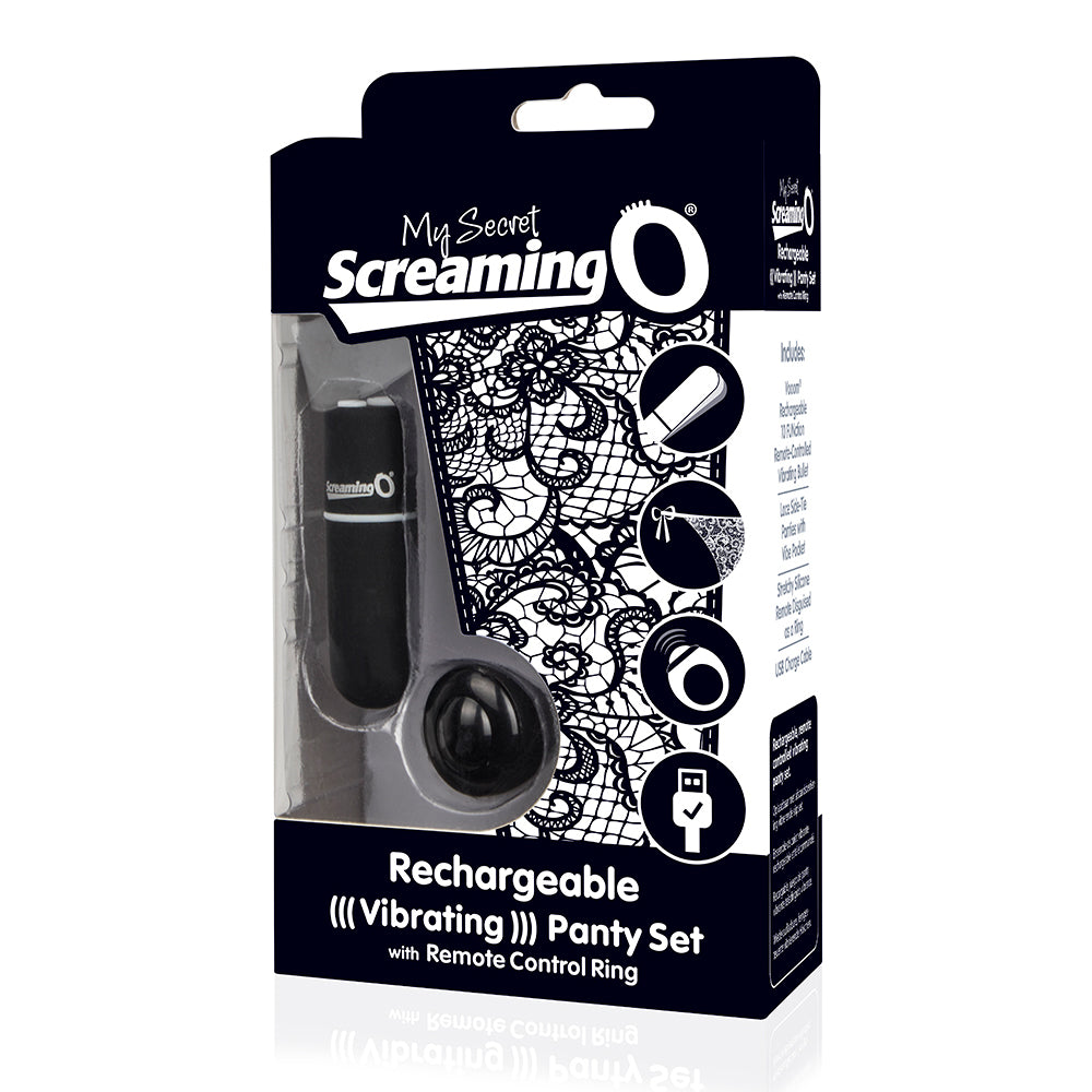 My Secret Screaming O - Rechargeable Vibrating Panty Set. Side-tie lace panties have a secret pocket for a 10-mode rechargeable bullet vibrator and a remote that works up to 15m away. Black, package image