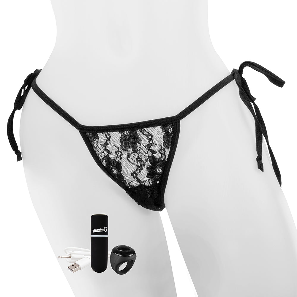 My Secret Screaming O - Rechargeable Vibrating Panty Set. Side-tie lace panties have a secret pocket for a 10-mode rechargeable bullet vibrator and a remote that works up to 15m away. Black