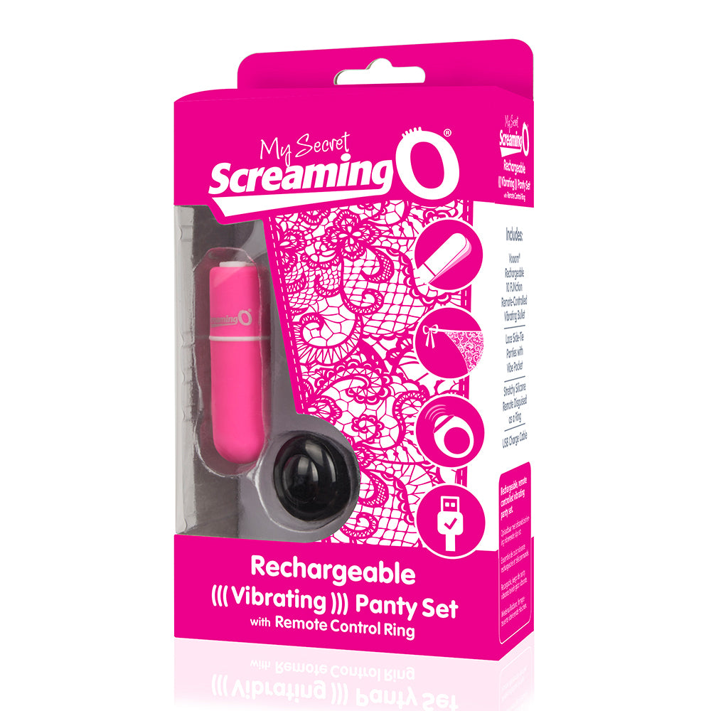 My Secret Screaming O - Rechargeable Vibrating Panty Set. Side-tie lace panties have a secret pocket for a 10-mode rechargeable bullet vibrator and a remote that works up to 15m away. Pink, package image