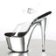 left side view of a high heeled shoe with silver base and buckle and a clear ankle and toe strap