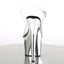 Rear view a high heeled shoe with silver base and buckle and a clear ankle and toe strap