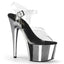 High heeled shoe with silver base and buckle and a clear ankle and toe strap seen from front right