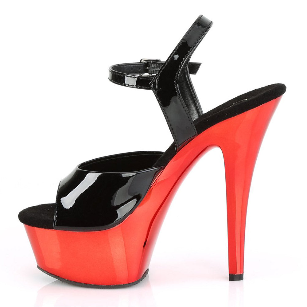 Pleaser Kiss - 209 Ava - Black/Red Chrome, patent black ankle strap, 6" stiletto heel & a 1 and ¾" red platform in a chrome-plated finish. side