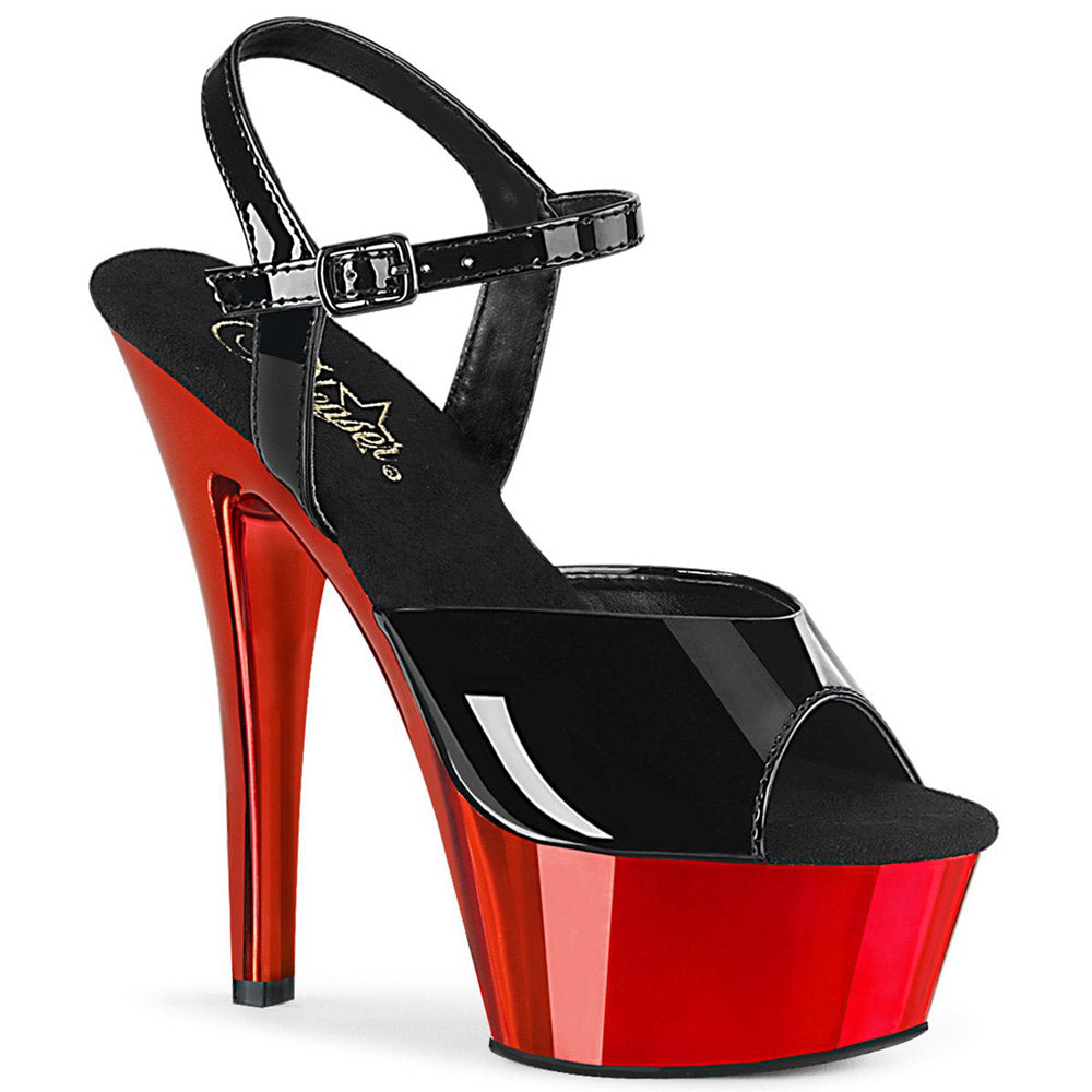 Pleaser Kiss - 209 Ava - Black/Red Chrome, patent black ankle strap, 6" stiletto heel & a 1 and ¾" red platform in a chrome-plated finish.