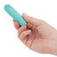 PowerBullet® - Essential™ Bullet Vibrator -is the rechargeable version of BMS' Powerbullet with 9 vibration modes to enjoy! USB-rechargeable, splashproof & travel-friendly. Teal, in hand for size comparison