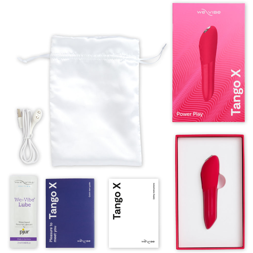 Flatlay of What's Included in the Box Contents of the We-Vibe Tango X Bullet Vibrator Waterproof Sex Toy in Cherry Red