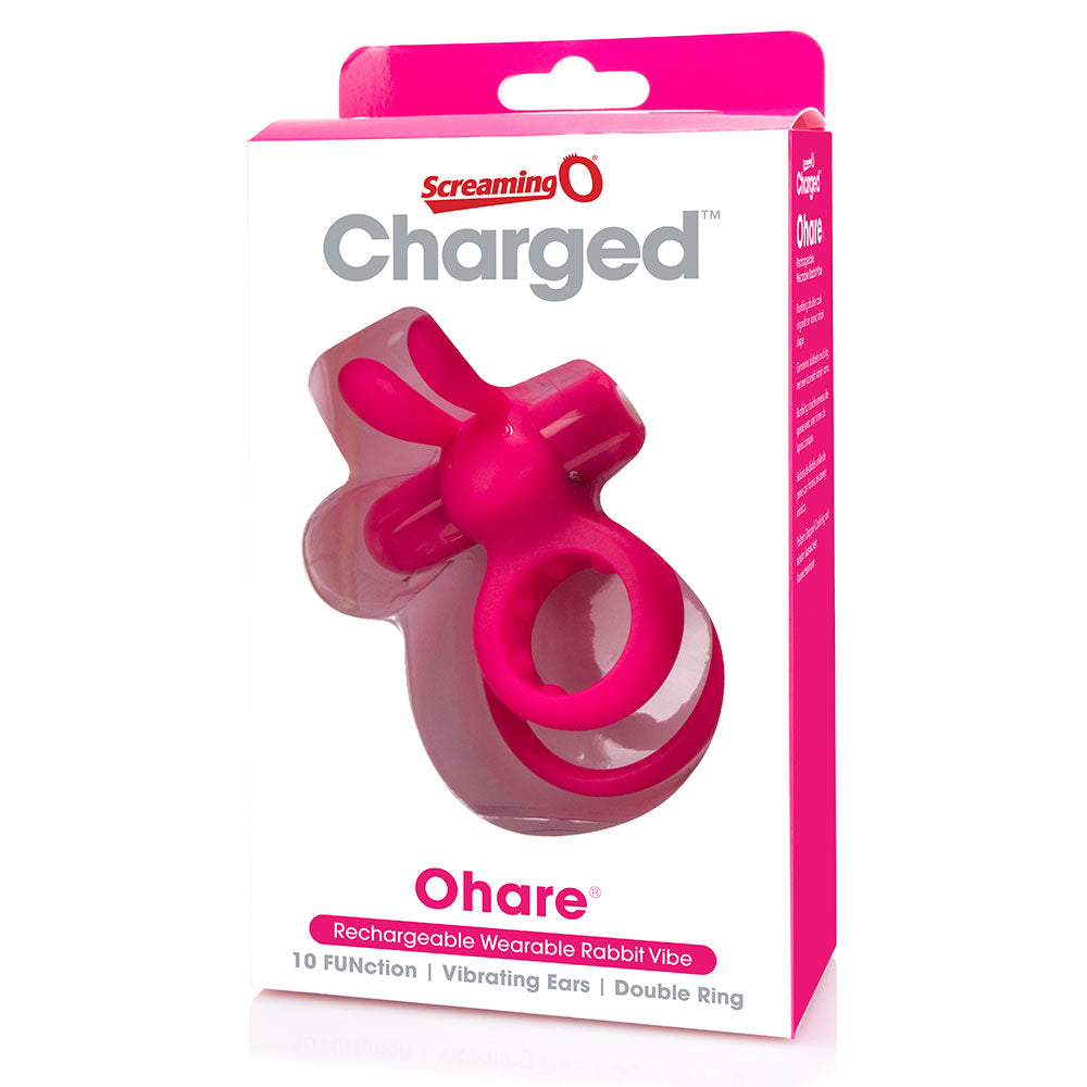 Screaming O - Charged Ohare -rechargeable 10-mode Vooom cockring vibrator has clitoral rabbit ears & a textured double-ring design. Pink, package image