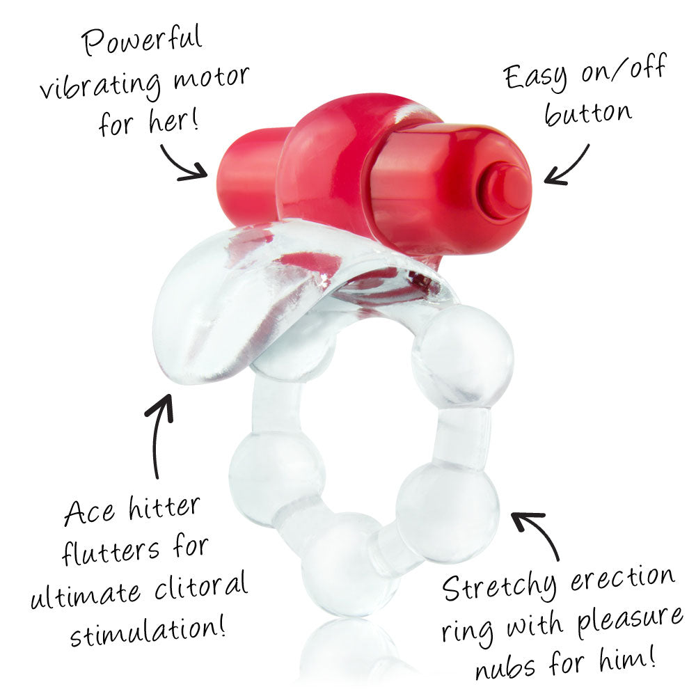 Screaming O - Overtime, vibrating cockring has a super-powered 4-function vibrating motor & a flexible clitoral tongue. Red, product details image