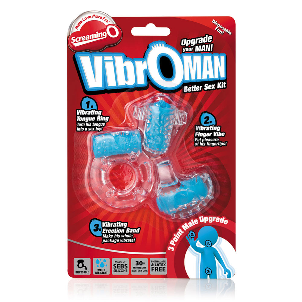 Screaming O - VibrOman Better Sex Kit-comes with a vibrating tongue ring, finger vibe & cockring. Blue.